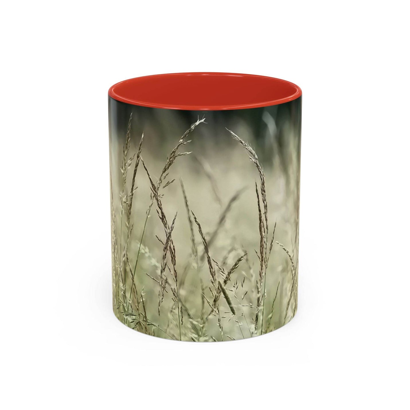 Schöner 325ml Natur-Becher mit blühendem Grasdruck, gestaltet mit einem kräftigen roten Henkel und roter Innenseite.
