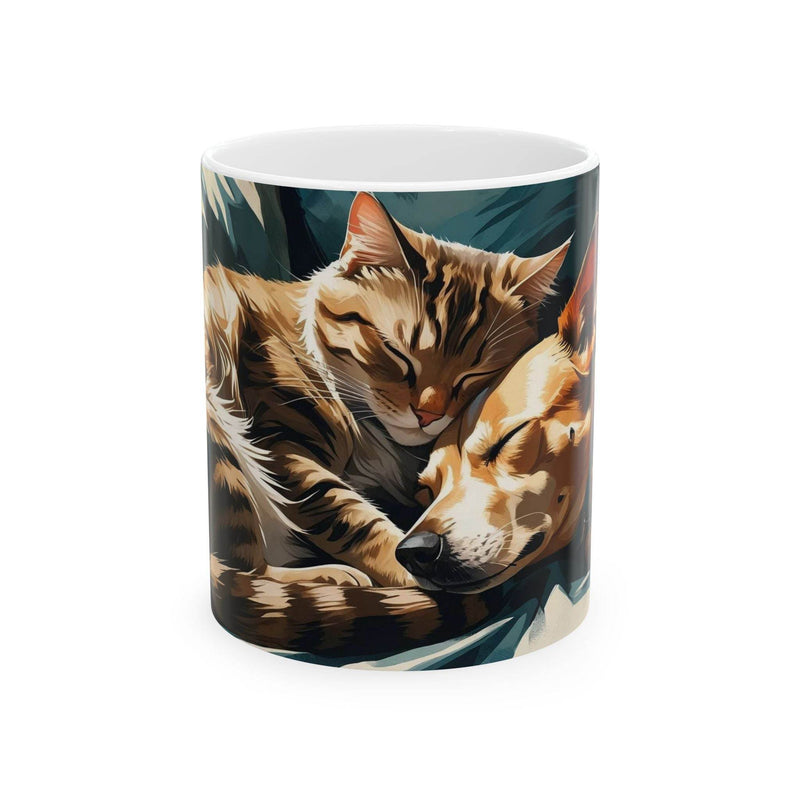 Charming 11oz ceramic Mug Sleeping Cat and Dog showing a peaceful scene on a modern wooden kitchen counter layout.