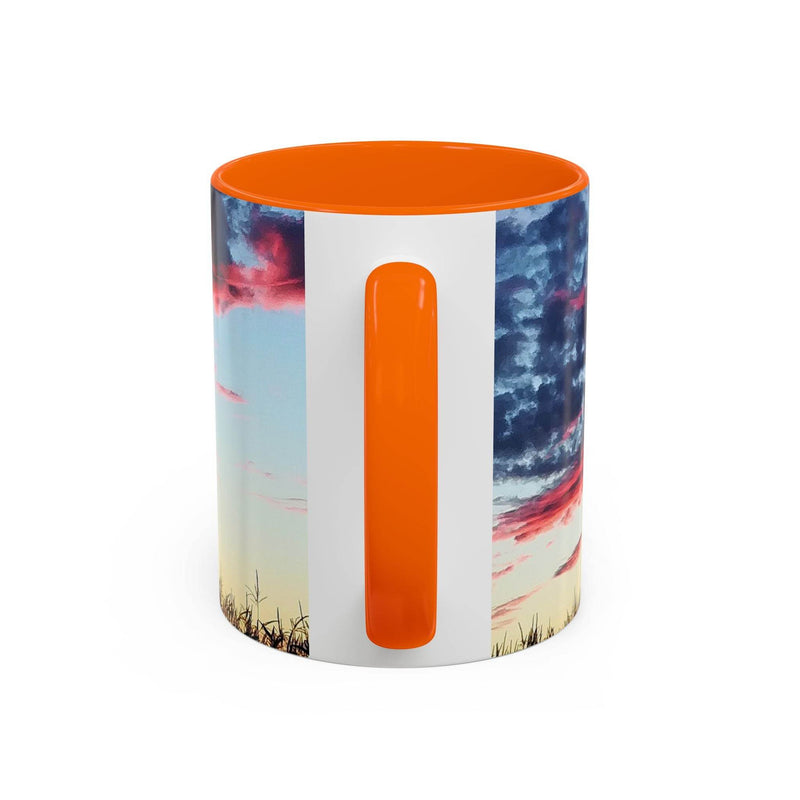 Premium 325ml Kaffeebecher mit Sonnenuntergang zur Entspannung, mit warmem orangen Henkel und oranger Innenseite.