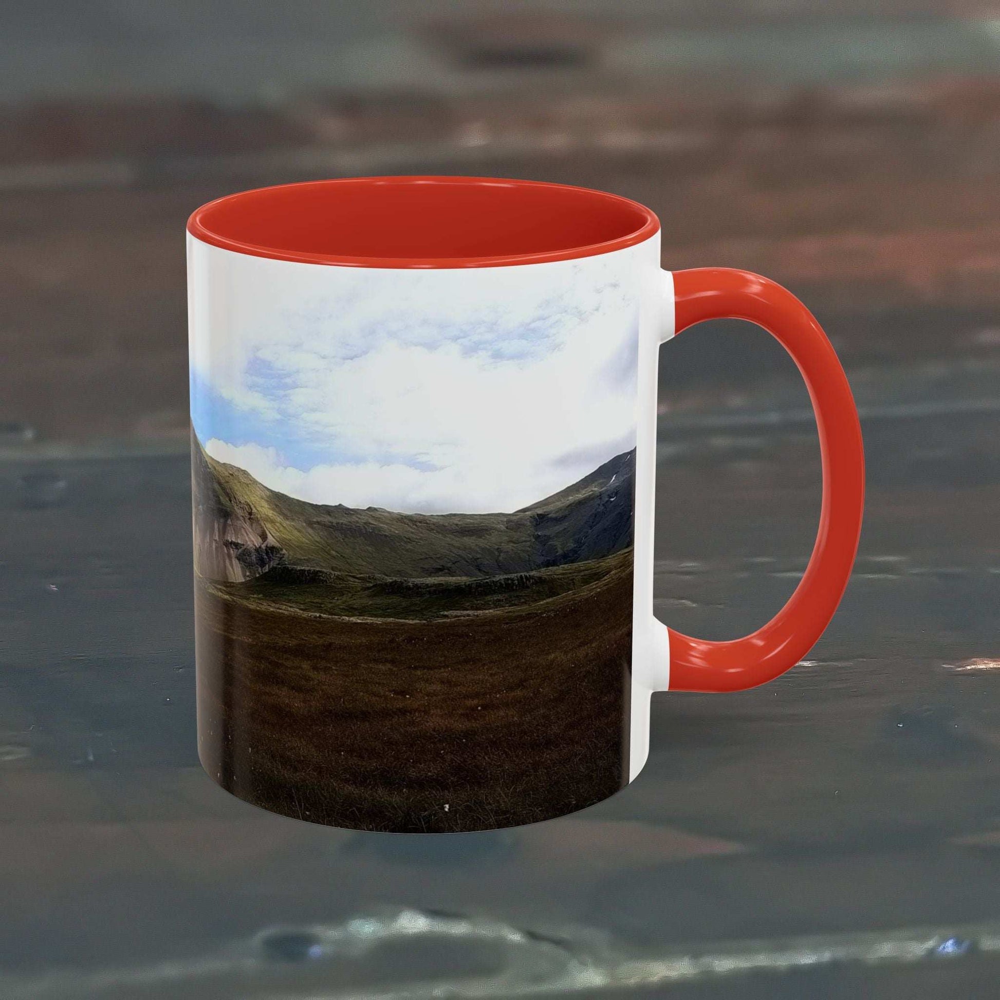 11oz coffee mug featuring Iceland scenery with red interior and handle.