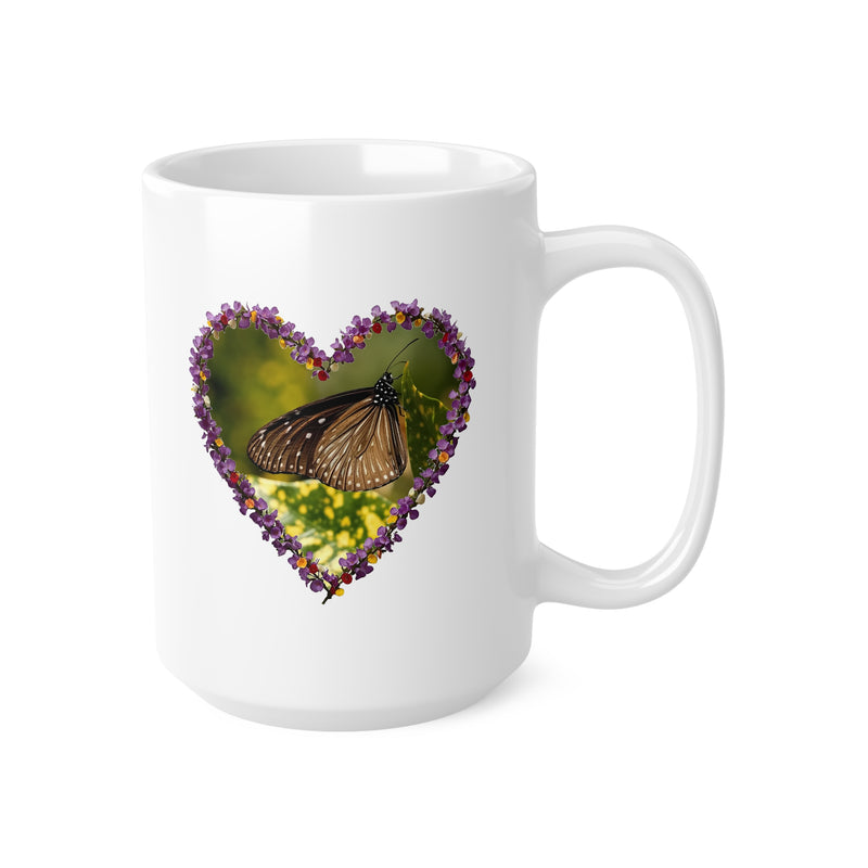 Durable 440ml white ceramic cup featuring a protective ORCA coating and romantic butterfly heart frame illustration.