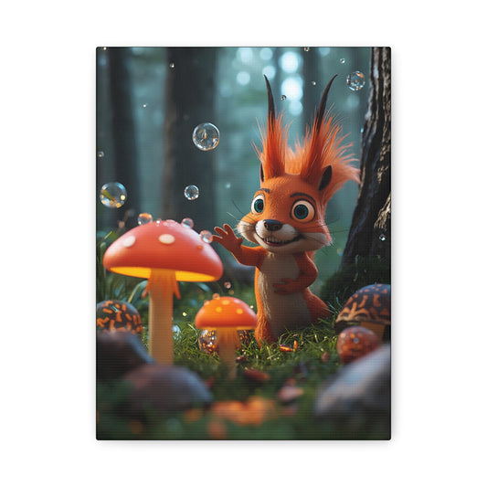 Cute Squirrel & Mushroom Canvas Print — Whimsical Forest Nursery Wall Art