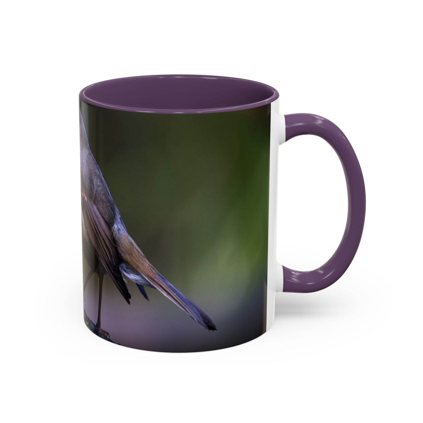 Robin bird coffee mug 325ml with a purple interior and handle.