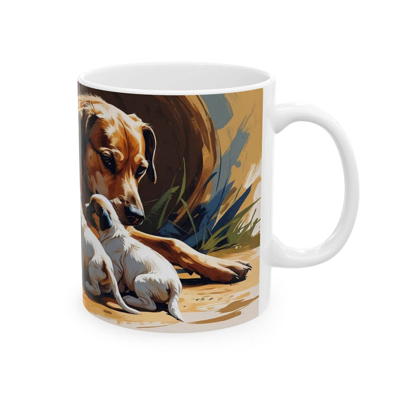 Premium 11oz puppy themed Mug - Dog with Puppies Ceramic Coffee Mug filled with hot beverage on a rustic dining table.