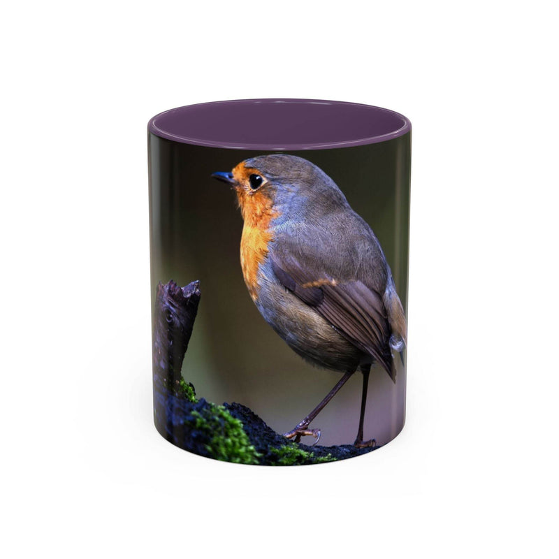 11oz robin coffee mug with a purple handle and purple inside, a beautiful nature gift for bird lovers.