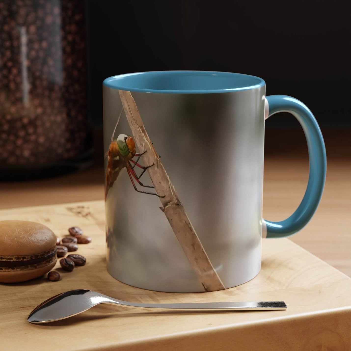 Beautiful 325ml dragonfly mug with a smooth finish, a perfect gift idea featuring a bold light blue handle and light blue inside.