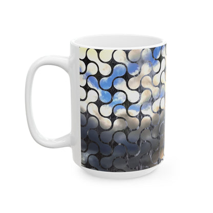 Abstract Mosaic Ceramic Coffee Mug – Blue & Neutral Pattern, 11oz/15oz