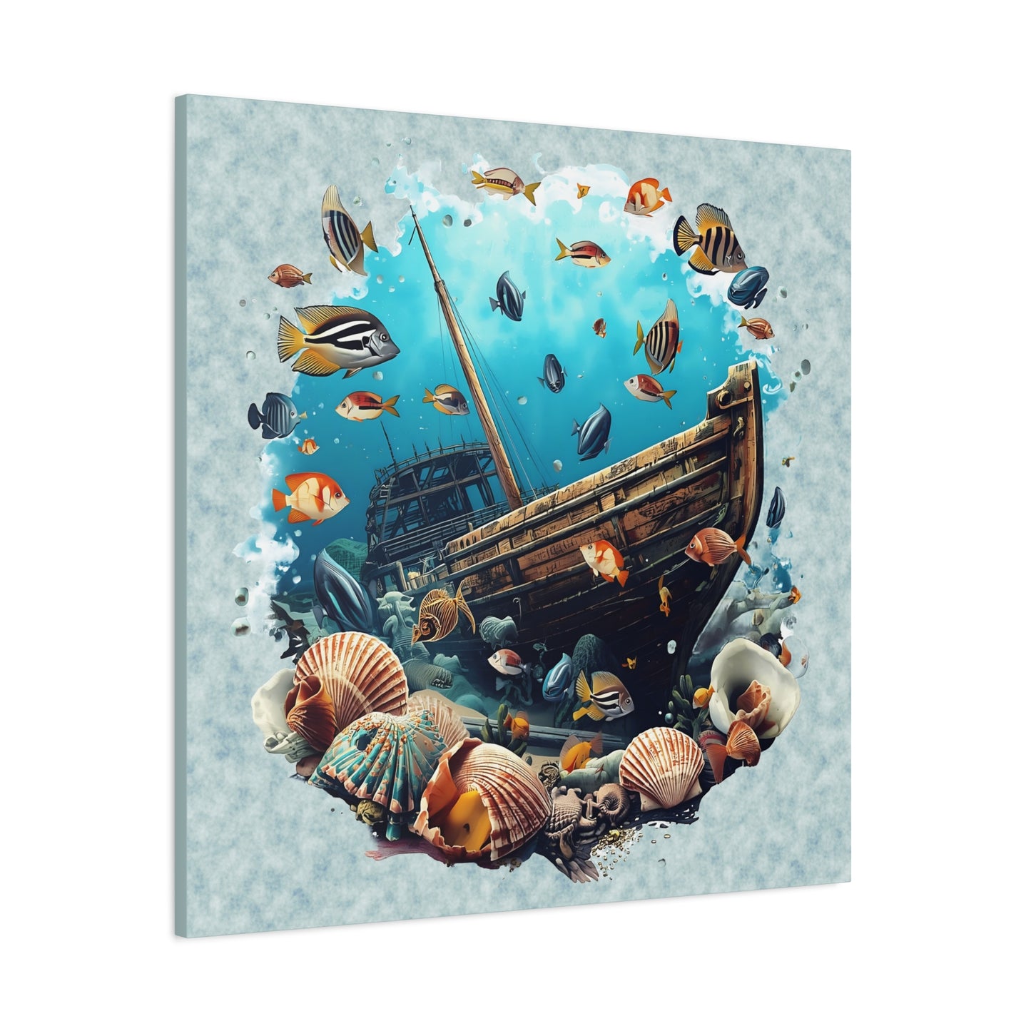 Sunken Ship Ocean Canvas Wall Art — Underwater Fish & Seashell Print