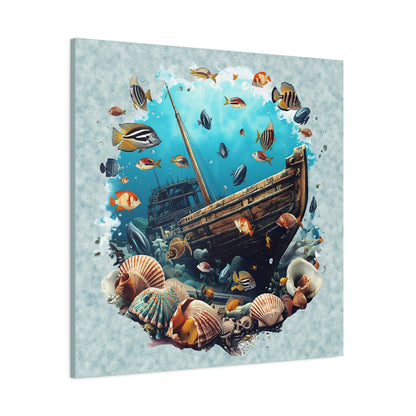 Sunken Ship Ocean Canvas Wall Art — Underwater Fish & Seashell Print