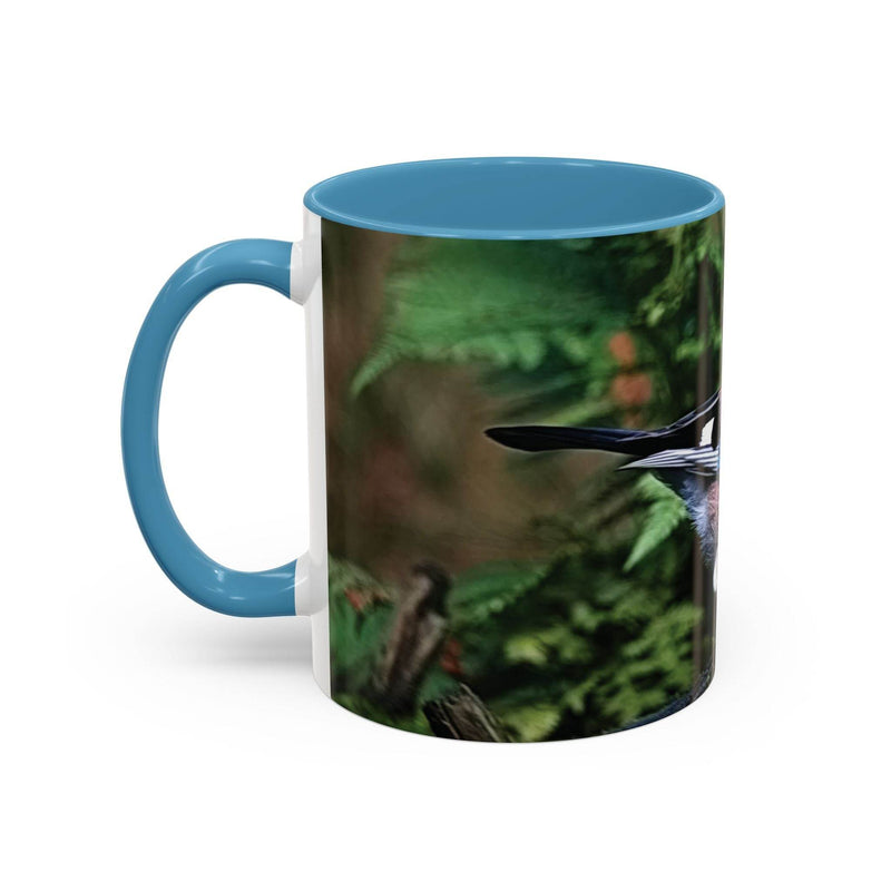 Vogelliebhaber Becher 325ml mit buntem Eichelhäher und hellblauem Griff.