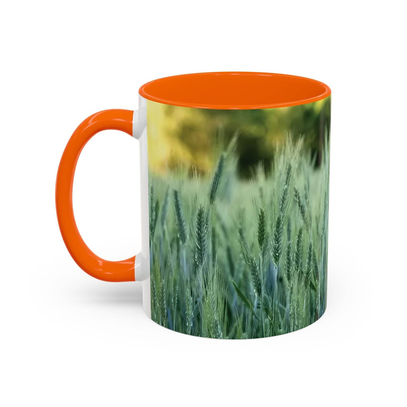 Ein 325ml Weizenfeld Keramik-Kaffeebecher mit einem orangen Henkel und einer orangen Innenseite für lebendige Energie.