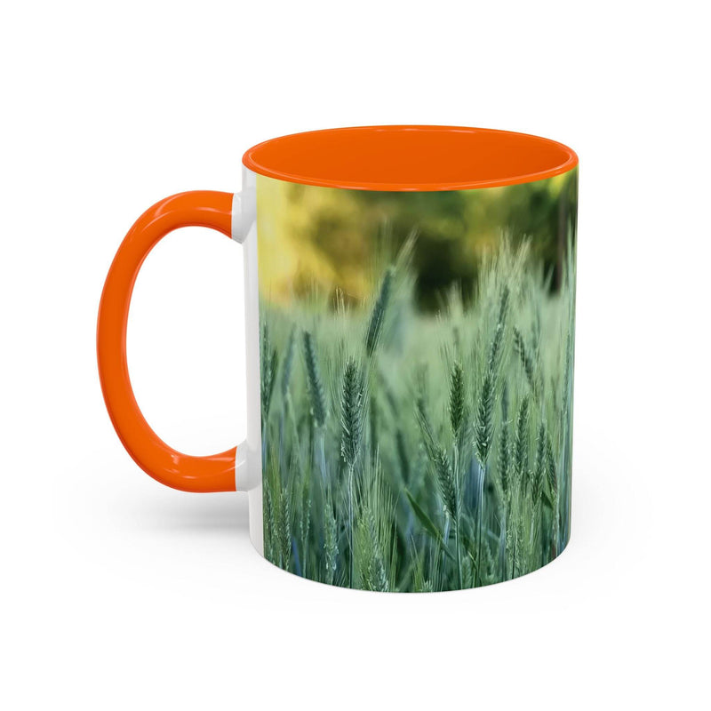 Ein 325ml Weizenfeld Keramik-Kaffeebecher mit einem orangen Henkel und einer orangen Innenseite für lebendige Energie.