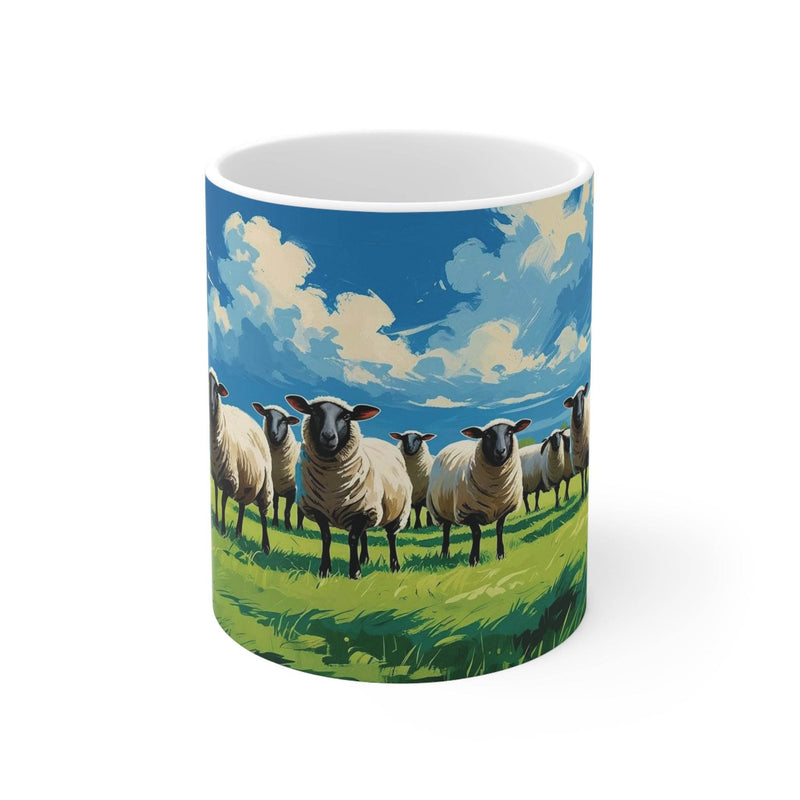 Origineller 325ml Keramikbecher mit einer liebevollen Illustration eines neugierigen Schafs, ideal als Weihnachtsgeschenk.