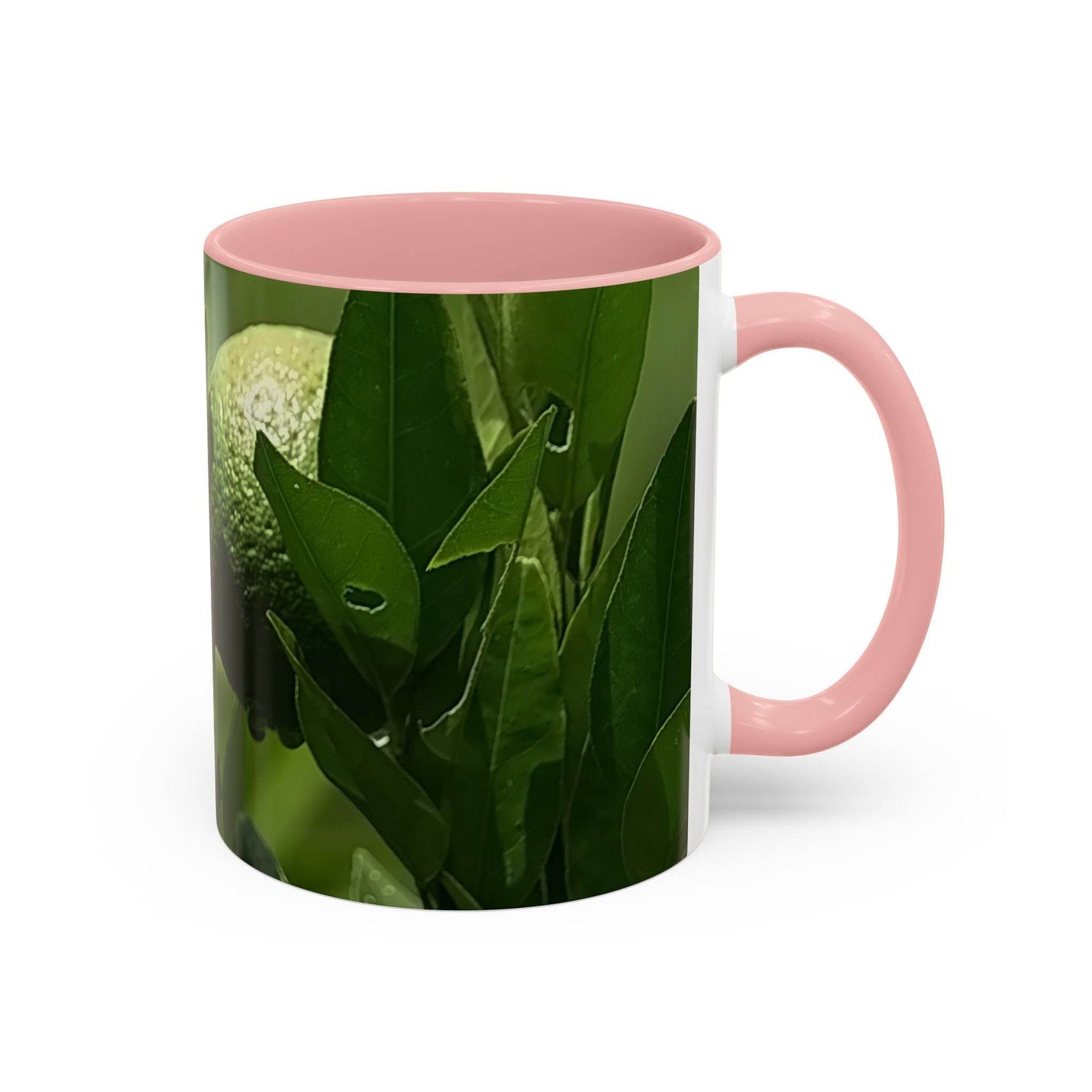 Farbenfroher Kaffebecher mit Früchten in der Größe 325ml, ausgestattet mit einem rosa Henkel und rosa Innenseite.