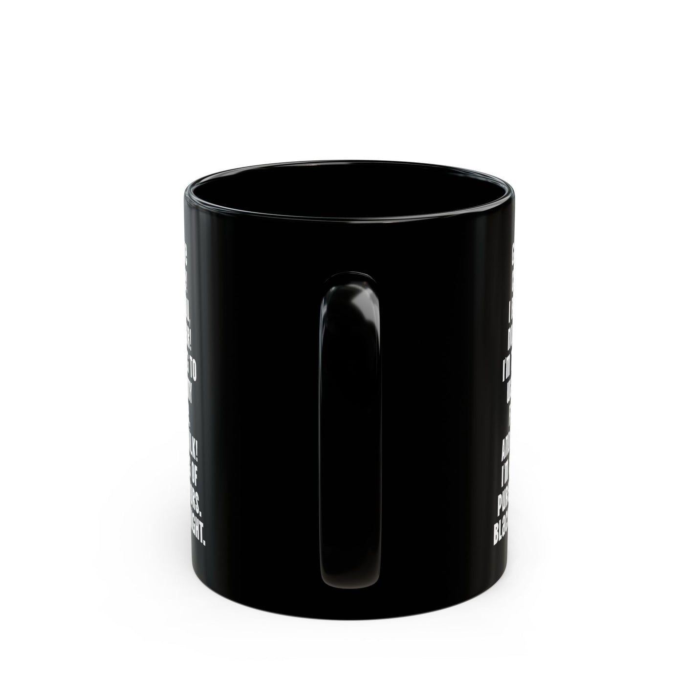 Langlebiger 325ml schwarzer Keramik-Becher mit lustigem Koffein-Spruch, der sich vom tiefschwarzen Glanz abhebt.