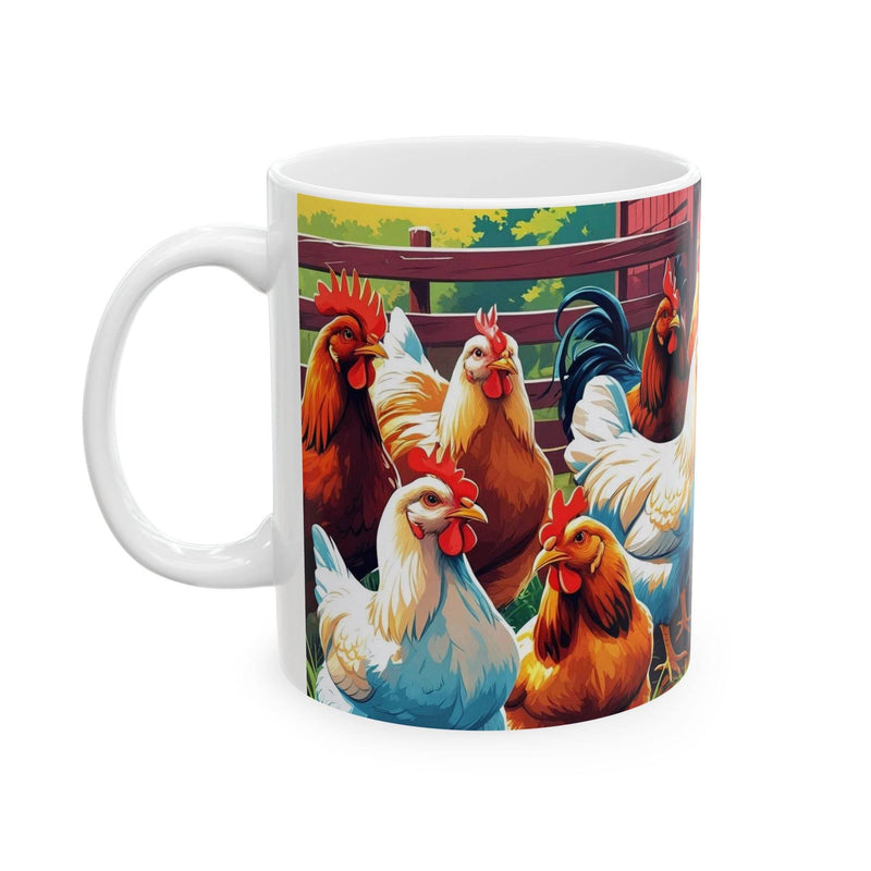 Quirky 11oz chicken ceramic coffee mug featuring a fun and detailed illustration to add humor to your morning routine.