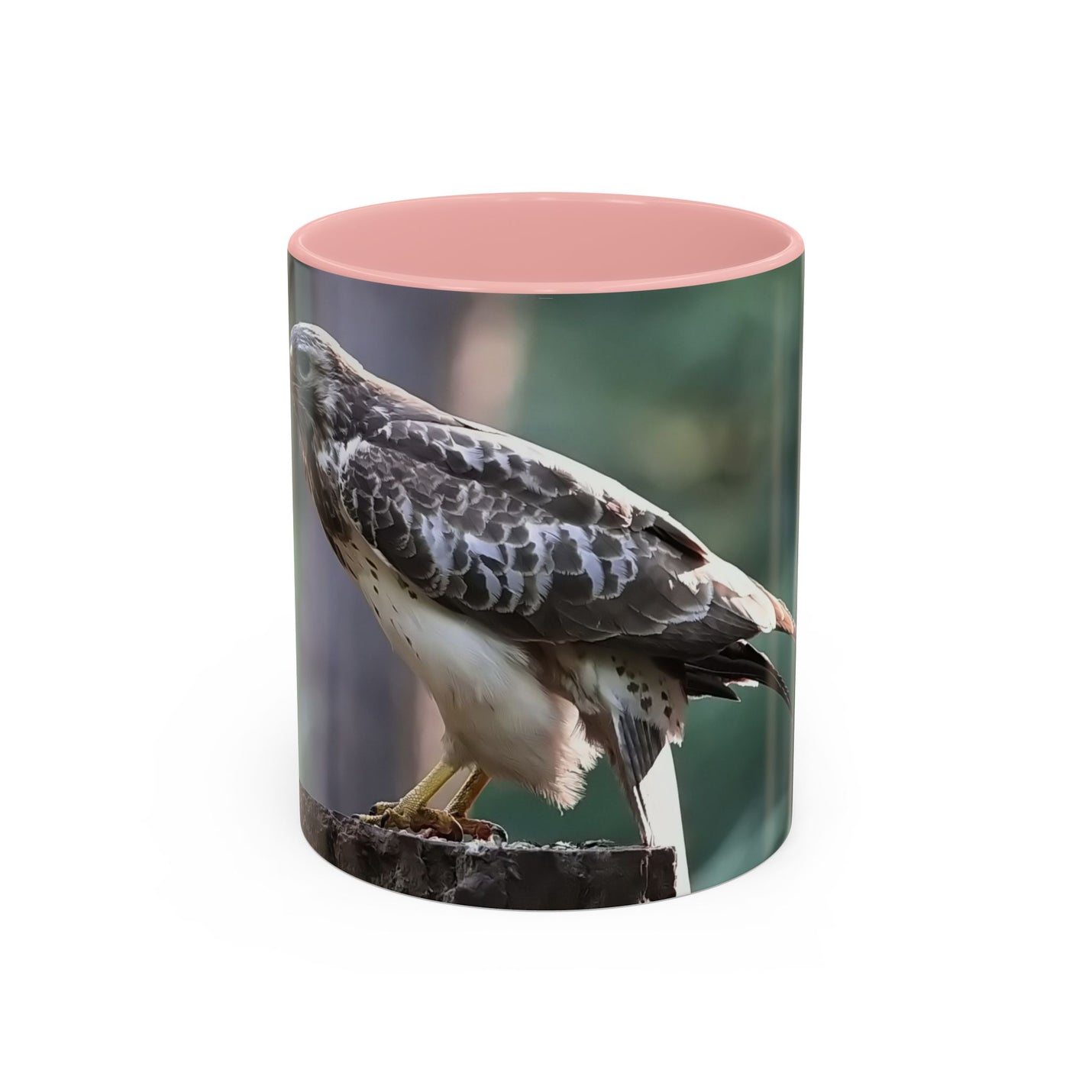 Keramik Mäusebussard Becher 325ml mit rosa Henkel und Innenseite.