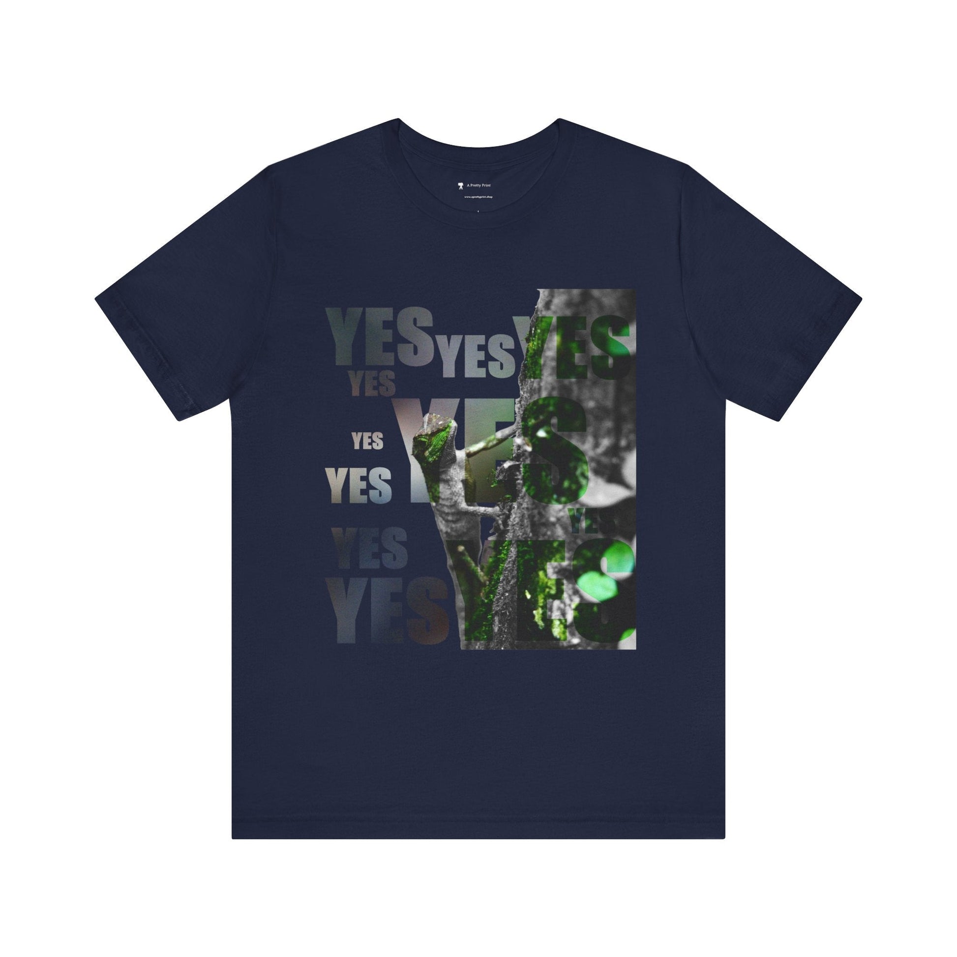 Diploderma nature print unisex tee with "Yes and No" graphic design, premium cotton, navy blue.