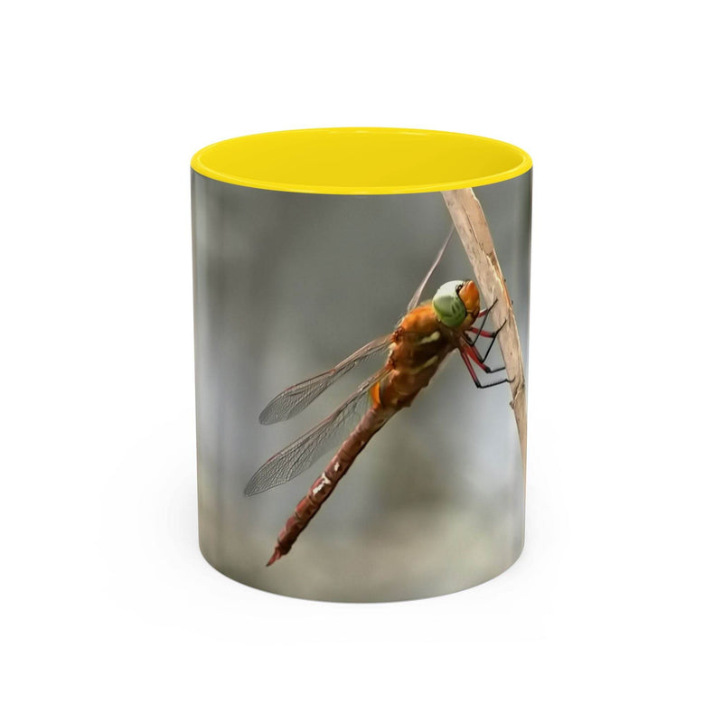Pretty dragonfly accent coffee mug in 325ml size, designed with a yellow handle and yellow inside to add a stylish pop of personality.