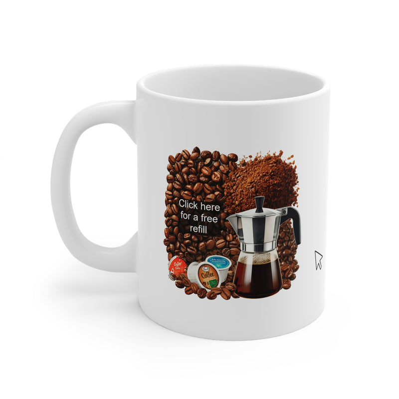 Premium 325ml weißer Keramik-Kaffeebecher mit dem spielerischen Text Click Here for a Free Refill für tägliche Kaffeerituale.