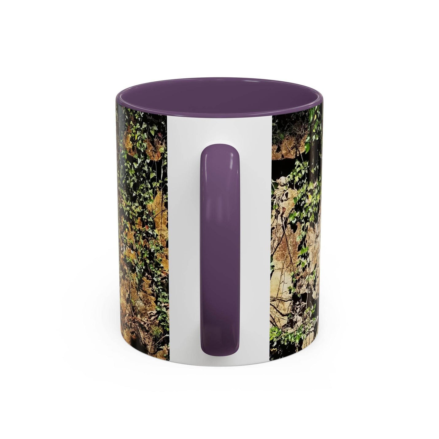 Outdoorsy 11oz Mug - Overgrown Rocks Adventure Coffee Mug on a placemat, showcasing its purple handle and inside.