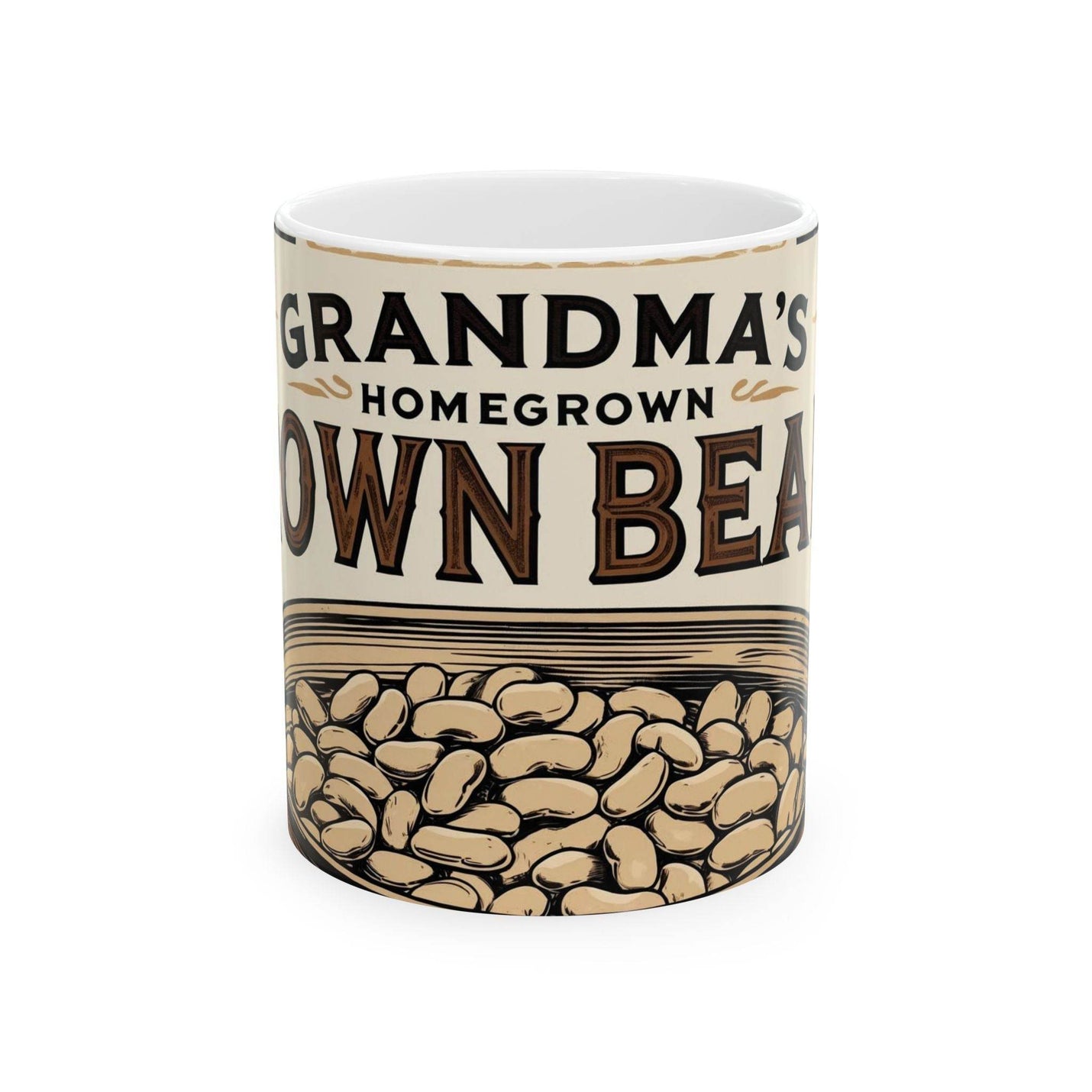 Unique 11oz Mug - Can of Brown Beans Design, Ceramic Coffee Mug standing right next to green botanical indoor plants.