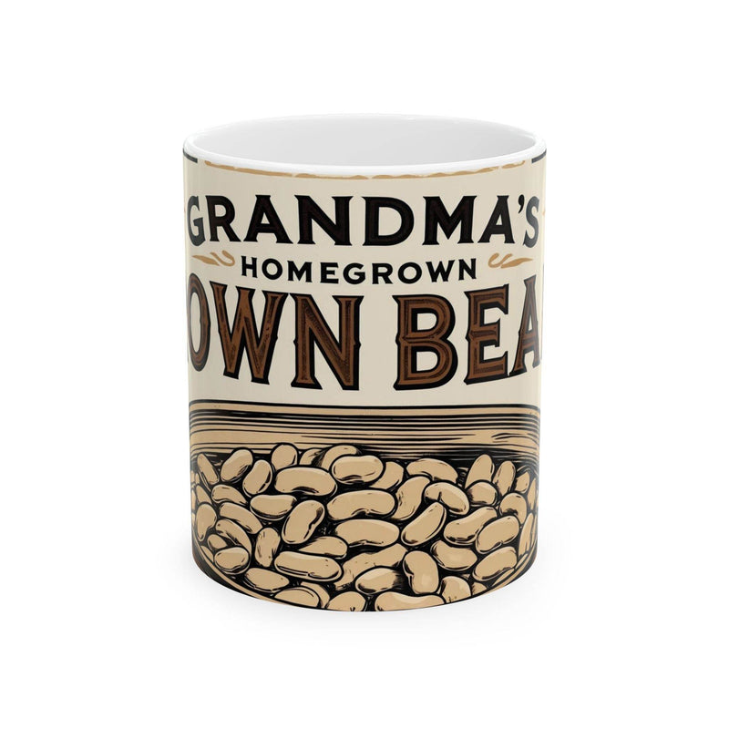Unique 11oz Mug - Can of Brown Beans Design, Ceramic Coffee Mug standing right next to green botanical indoor plants.