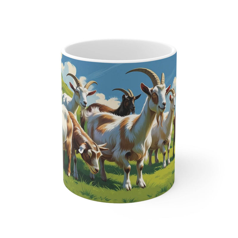 Naturbezogener 325ml Becher aus weißer Keramik mit Ziegen auf der Alm als herzerwärmendes Geschenk für Tier- und Bergfans.