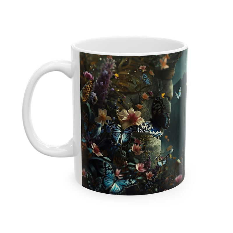 Mythic Garden Ceramic Mug — Ancient Ruins, Dear & Butterfly Floral Coffee Cup (11oz/15oz)