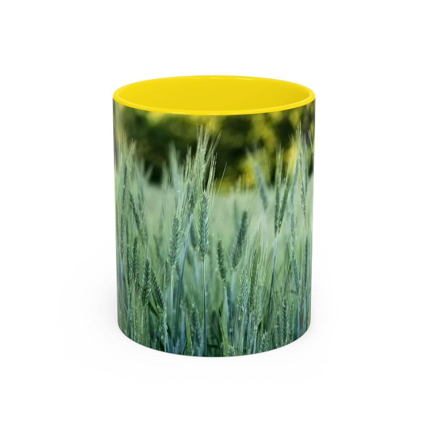 Cozy morning scene with 11oz Mug - Wheat Field Design Coffee Mug, featuring a yellow handle and yellow inside near a window.
