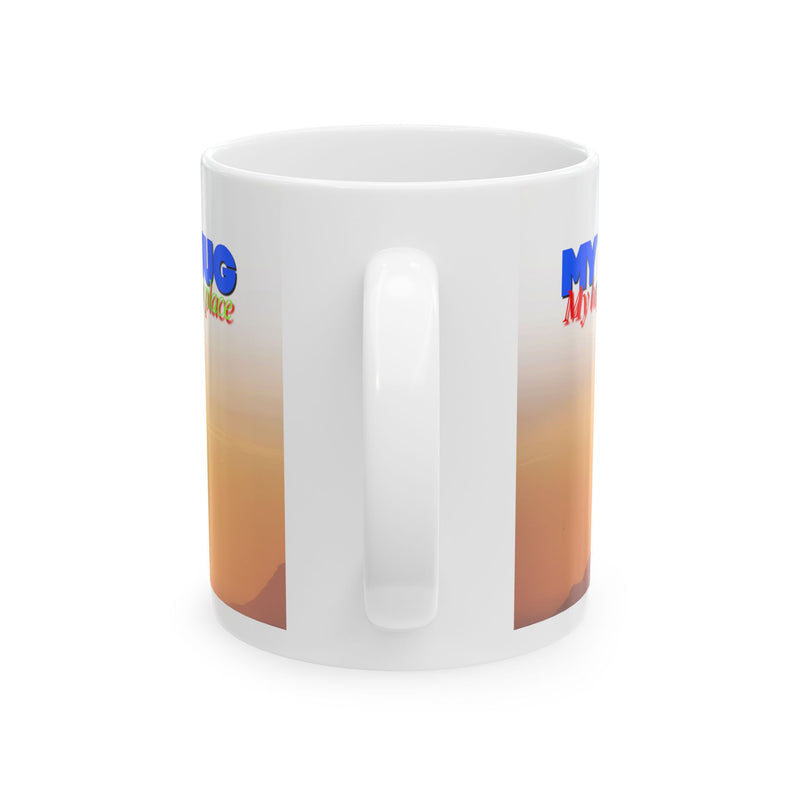 Beautiful 11oz My Mug 'My Happy Place' Ceramic Coffee Mug — Midnight Sun Scenic with layered text, filled with hot tea.