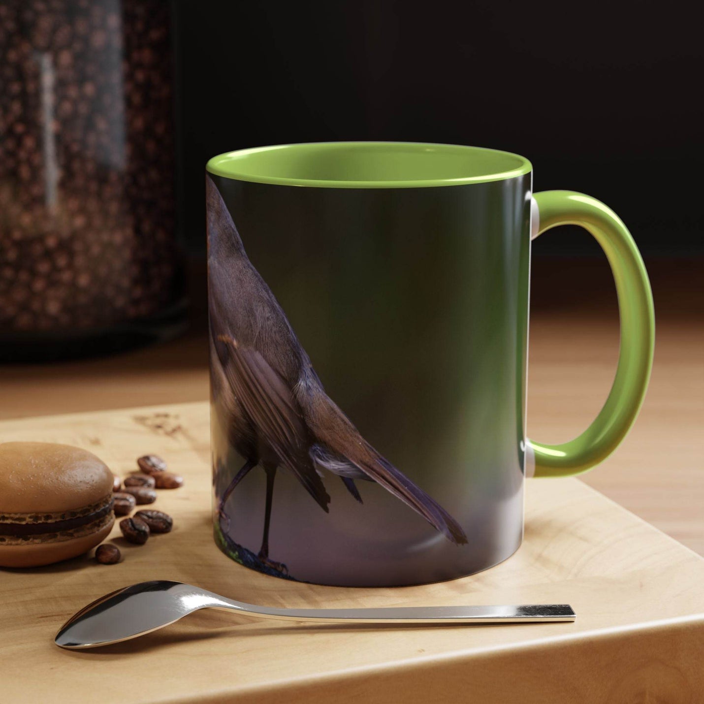 325ml robin nature mug with a striking light green handle and inside.