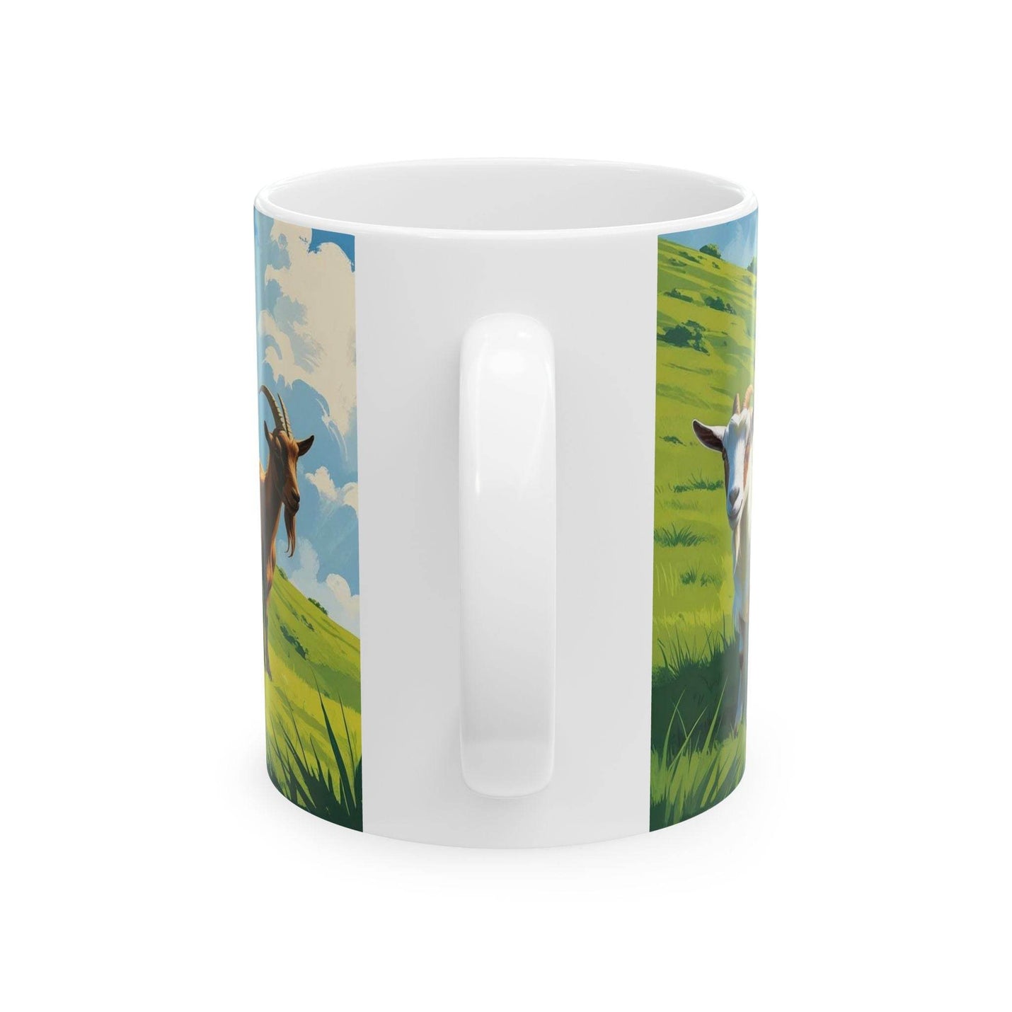 Cozy lifestyle view of a 11oz Mug - Goats on a Mountain Pasture, Ceramic Coffee Mug near a bright window for a calm routine.