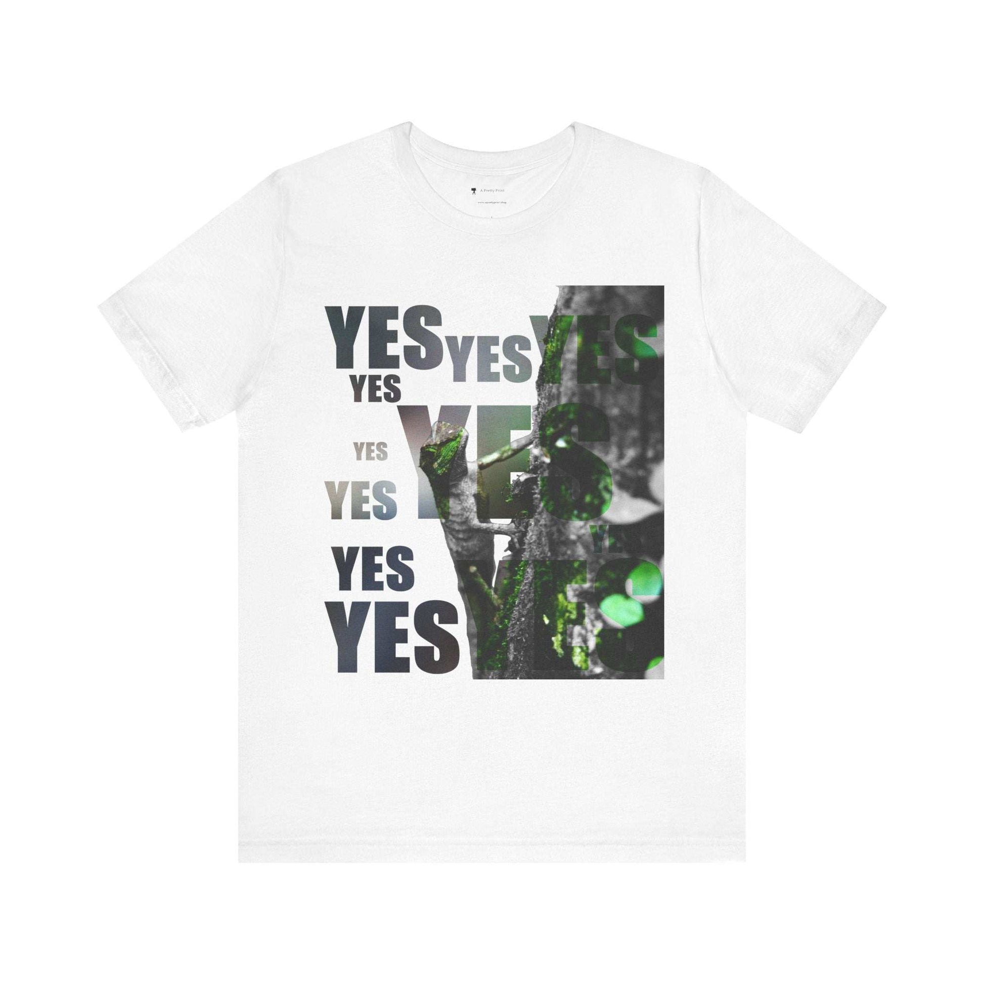 Diploderma Nature Print Unisex Tee with "Yes" and nature graphics, gender-neutral summer top.