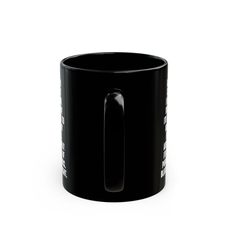 Durable 11oz black ceramic coffee cup with a high-contrast print, making a straightforward honest morning badge gift option.