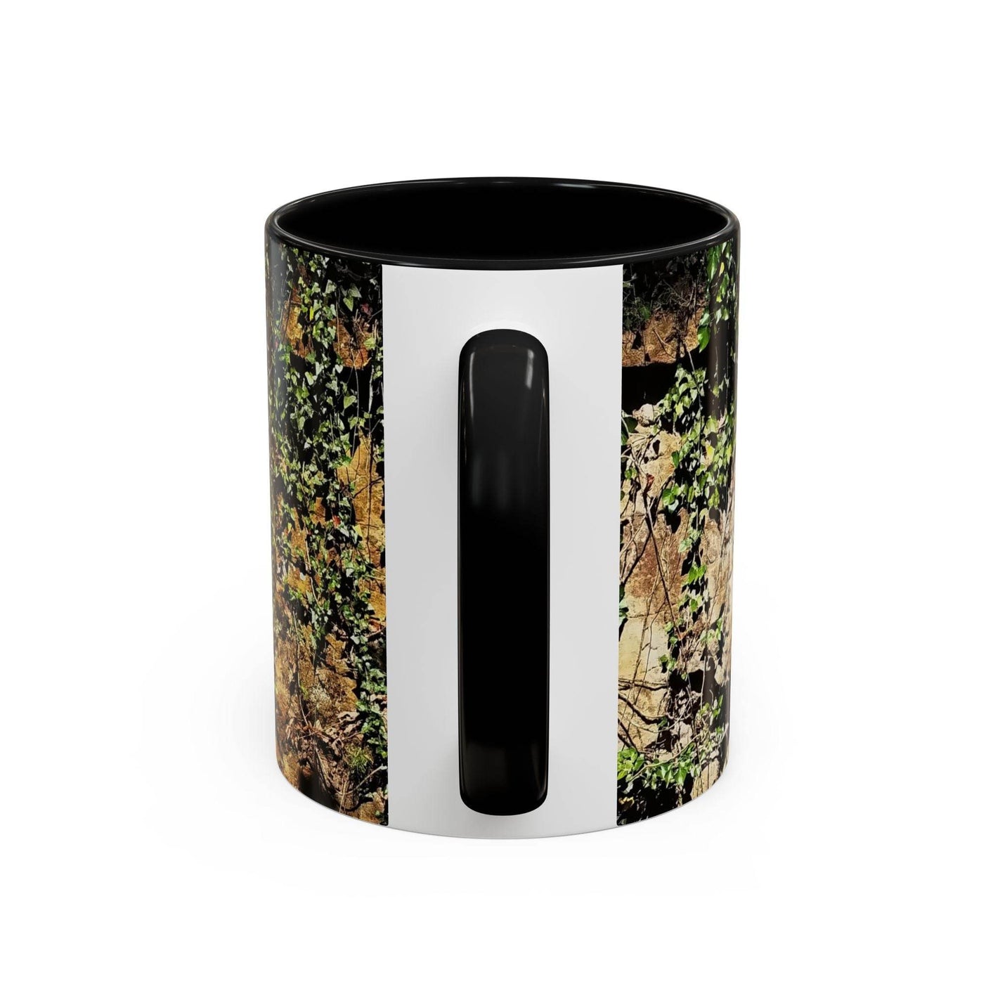 Outdoorsy 11oz Mug - Overgrown Rocks Adventure Coffee Mug held in hands, showcasing its black handle and black inside.
