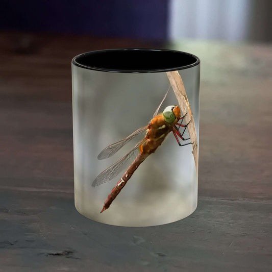 Accent Coffee Mug with Dragonfly Design on Dark Background