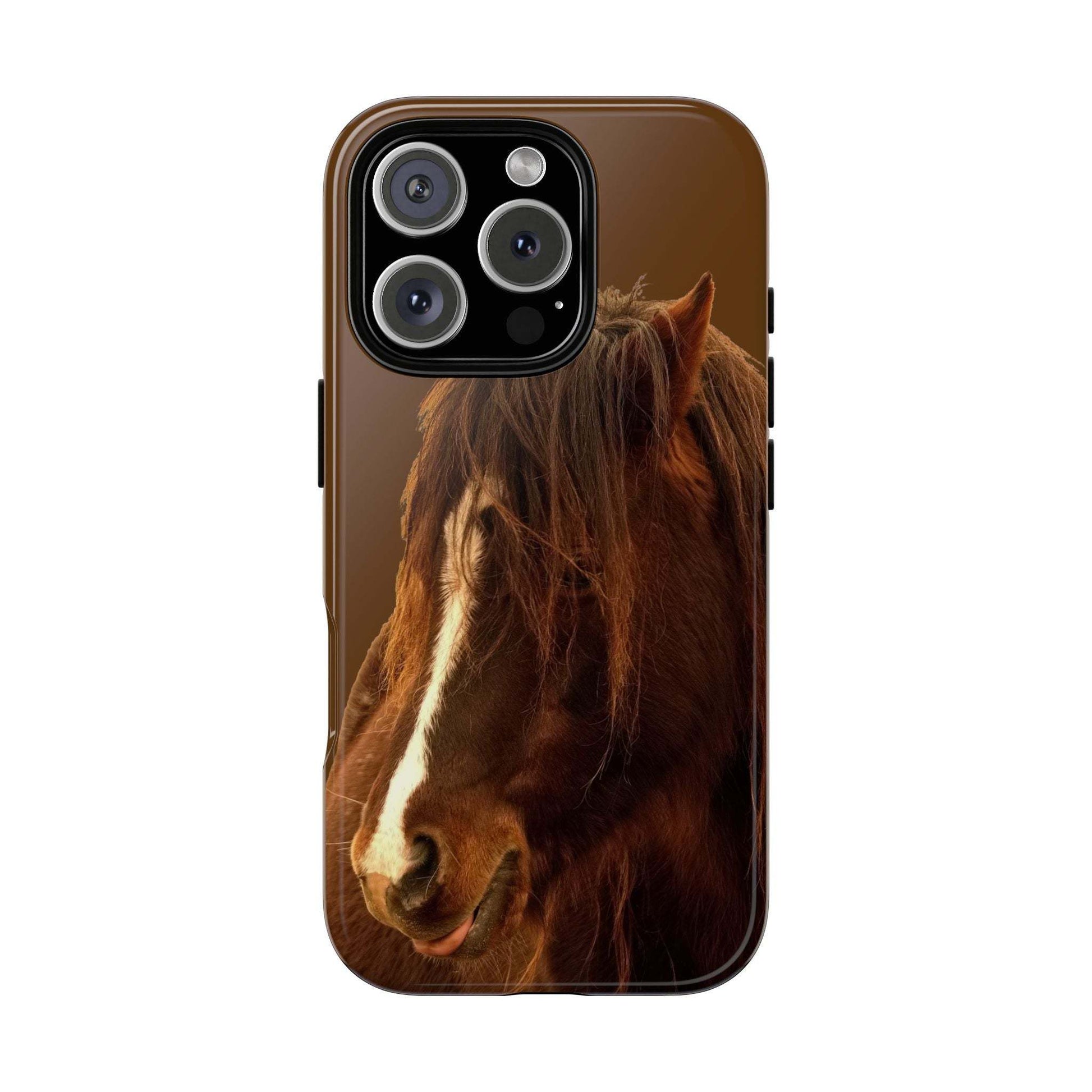 Phone case for horse lovers with a horse image, durable and shock-absorbent, perfect for gifting.