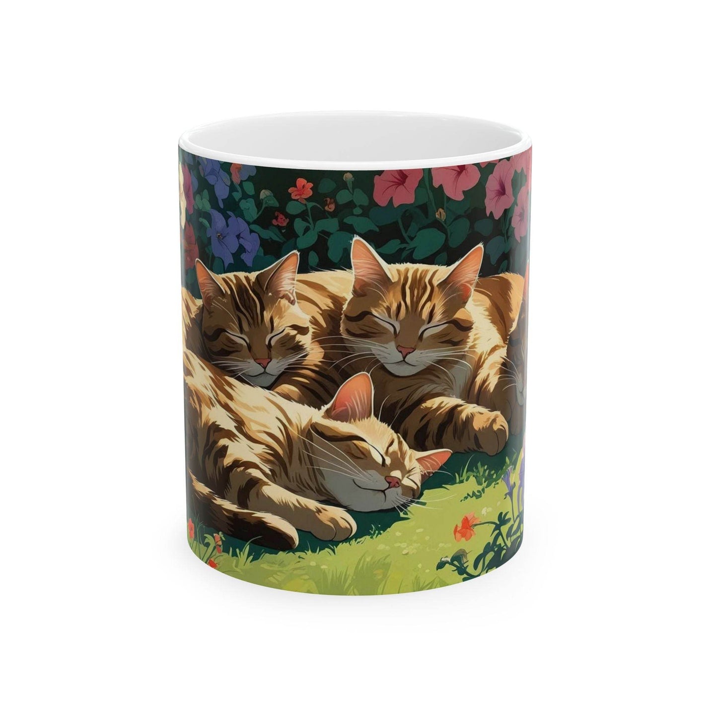 Premium 11oz Coffee Mugs - Sleeping Cats in the Garden Design next to colorful botanical home decor.