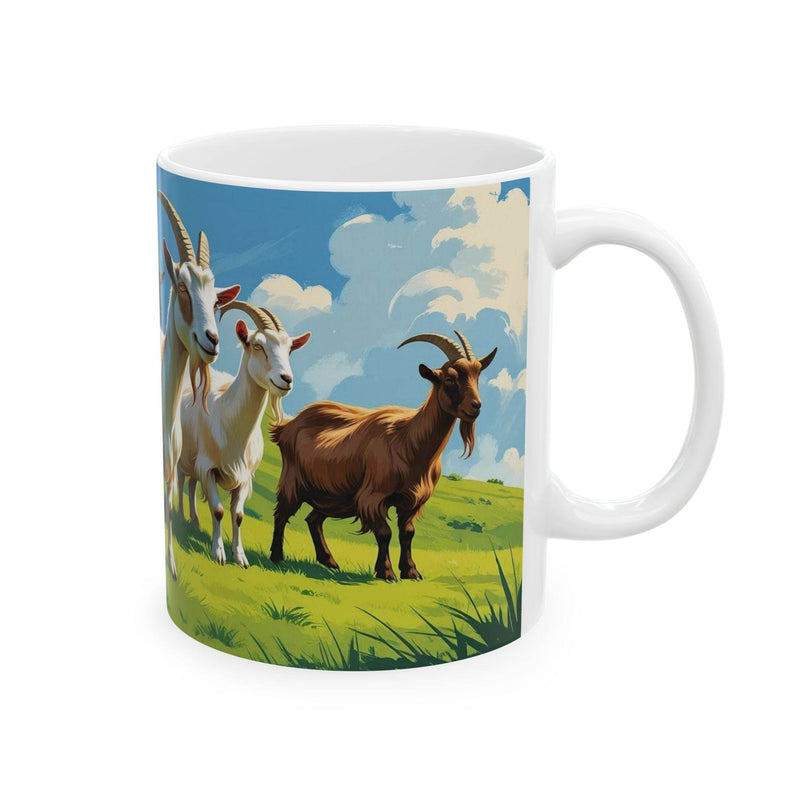 Beautiful nature inspired 11oz Mug - Goats on a Mountain Pasture, Ceramic Coffee Mug filled with warm tea on a dining table.