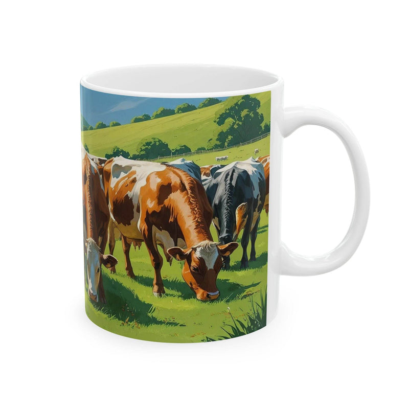 Premium 11oz nature inspired Mug - Grazing Cows on Mountain Pasture Ceramic Coffee Mug filled with warm tea on a table.