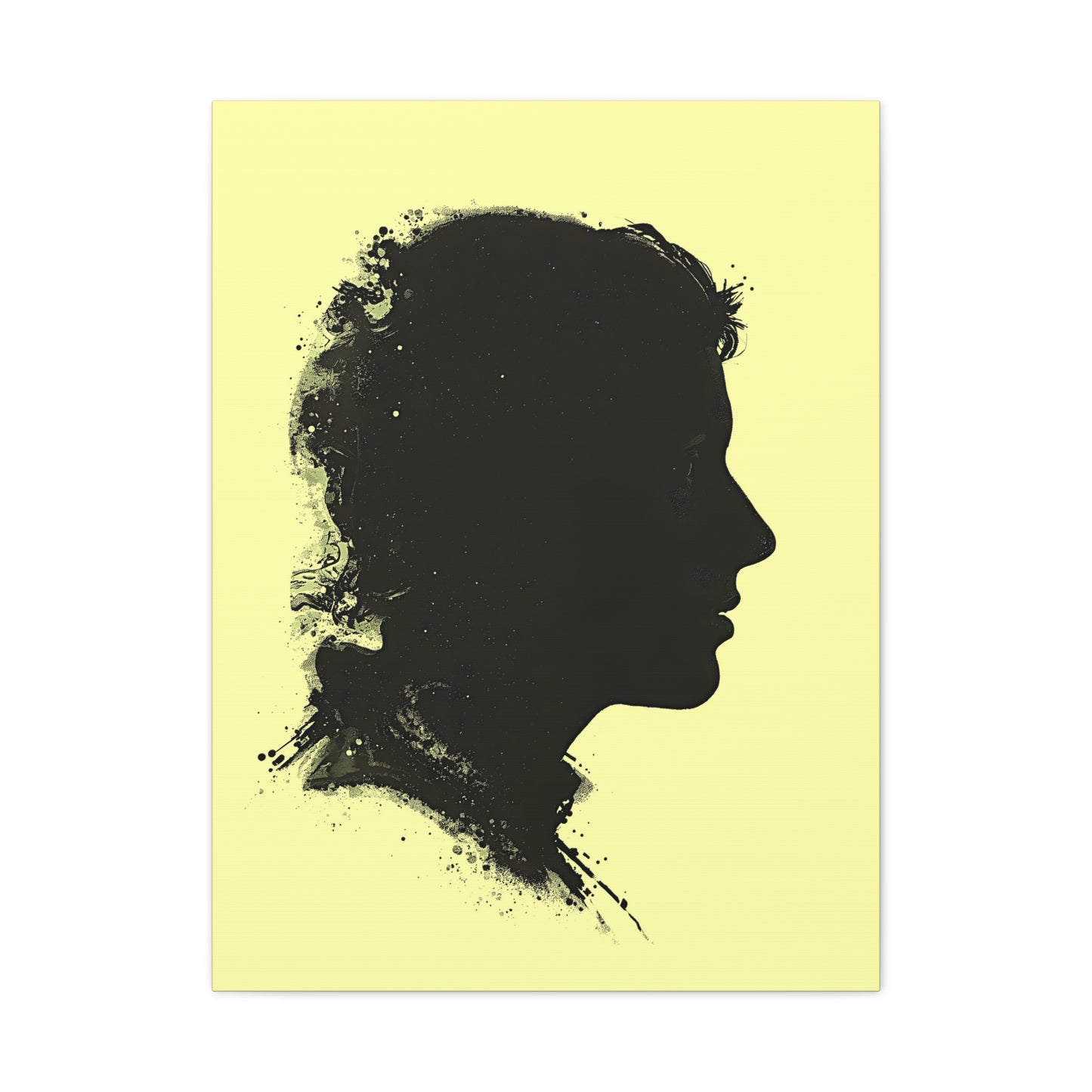 Silhouette Portrait Canvas Print — Vintage Black Profile on Soft Yellow Matte