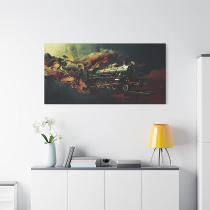 Steam Locomotive Wall Art Canvas — Vintage Train in Fiery Smoke