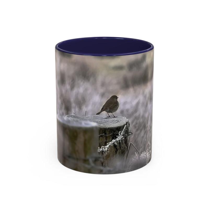 11oz mug featuring a robin nature print with a Navy handle and interior.