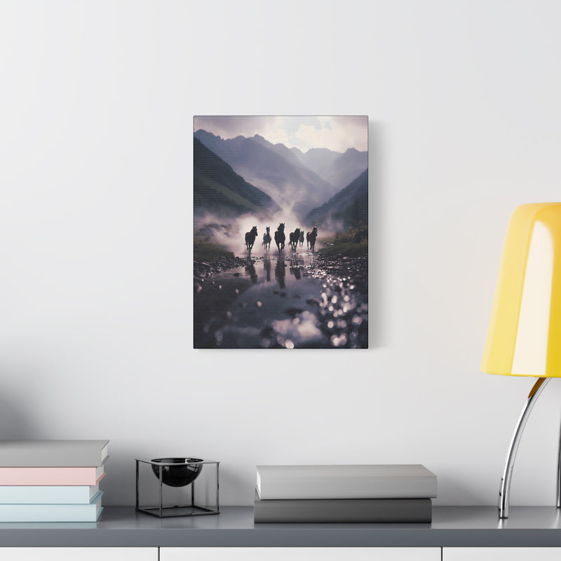 Premium 12″ x 16″ | 30.48 cm x 40.64 cm nature canvas print featuring mist and horses on a 1.25″ | 3.18 cm gallery frame.