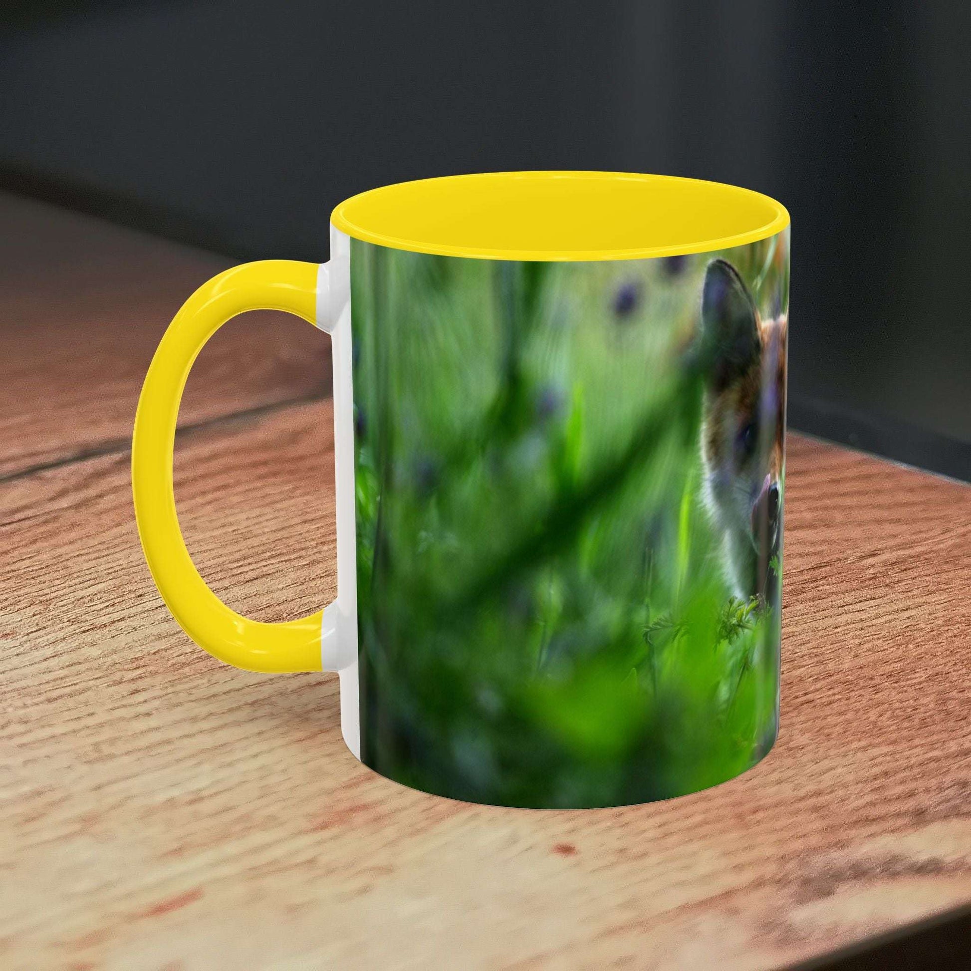 Fox-inspired accent coffee mug with vibrant design, nature lover gift, wildlife decor.