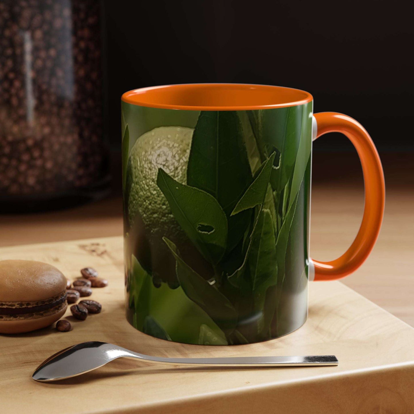 Fruit Coffee Mug with vibrant colorful design, glossy finish, orange interior and handle, suitable for coffee or tea.