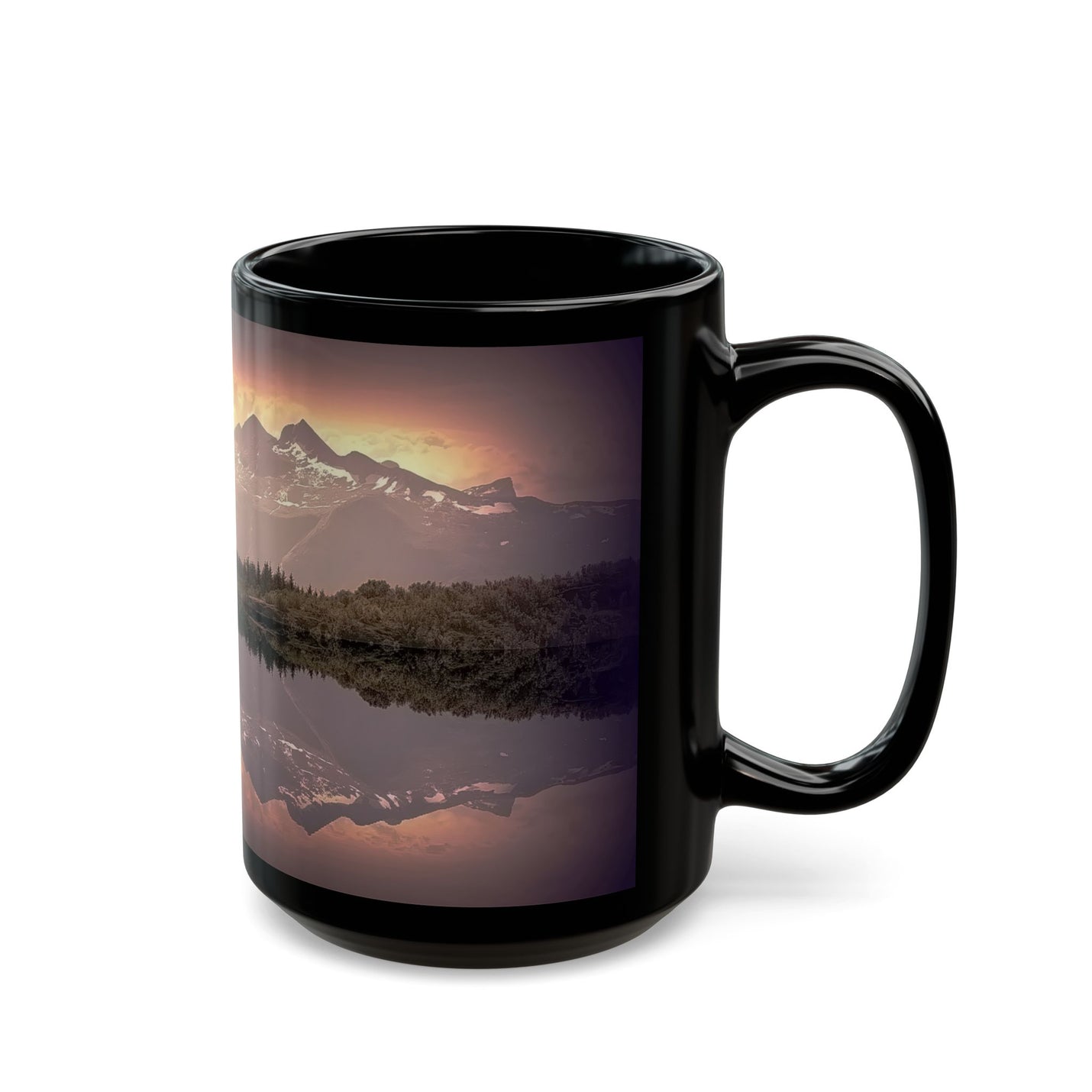 Large 15oz Mountain Reflection Black Mug — Scenic Sunset Lake Coffee Mug showing a sunset lake artwork on a table.