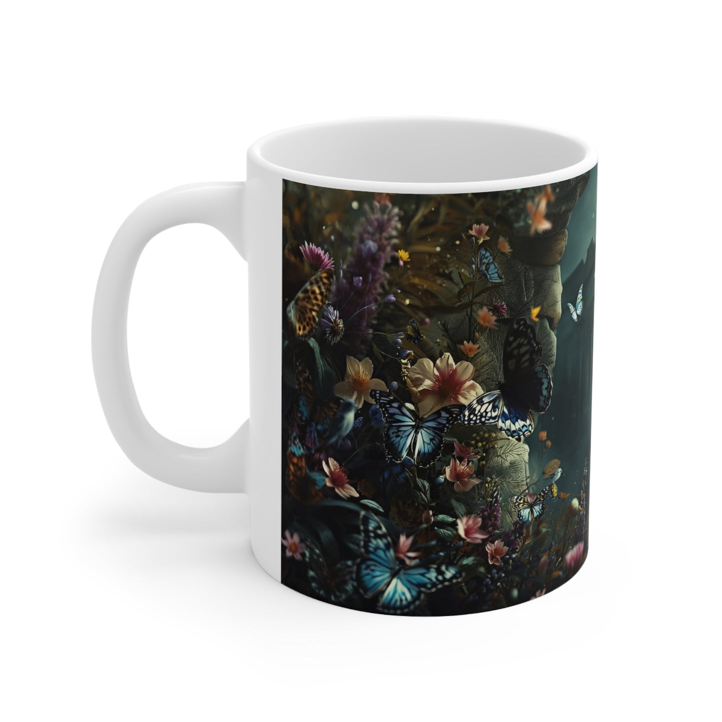 Mythic Garden Ceramic Mug — Ancient Ruins, Dear & Butterfly Floral Coffee Cup