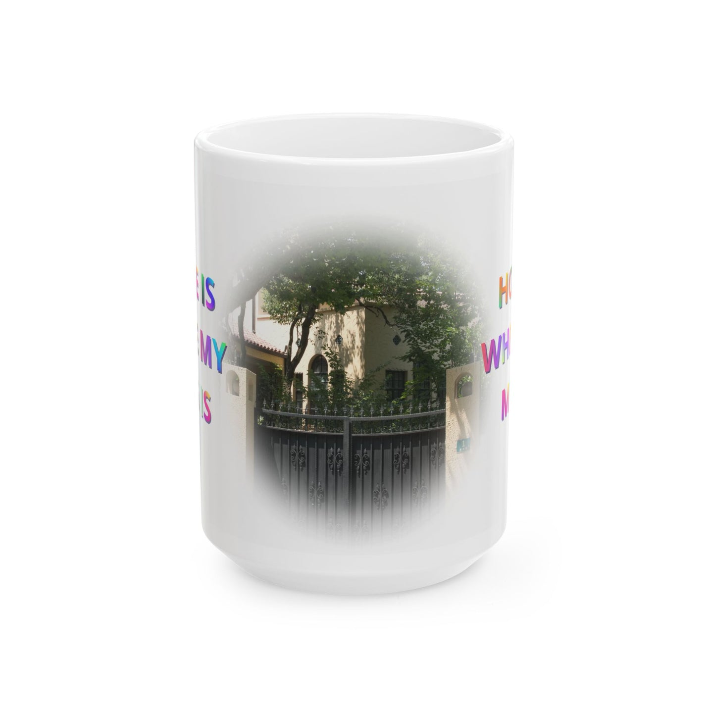 Sturdy 15oz Home Is Where My Mug Is | Ceramic Coffee Mug on a tray next to minimalist home decor items in a room.
